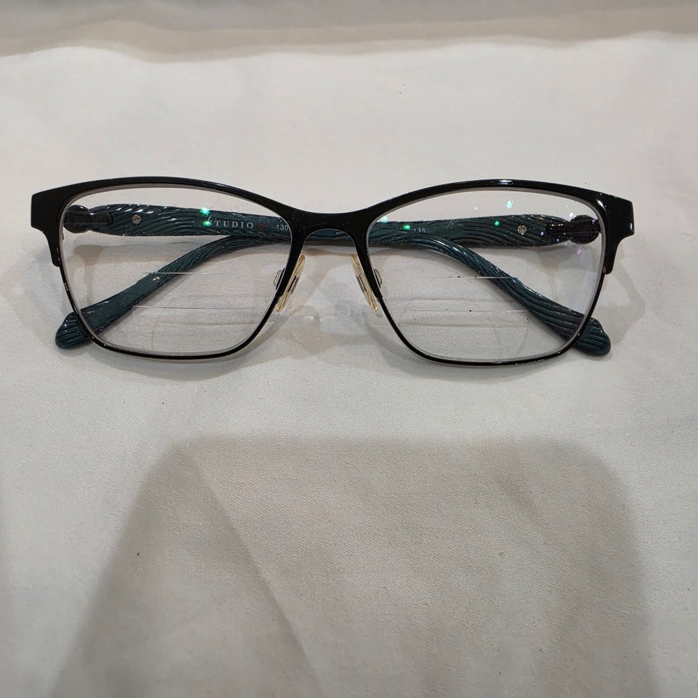 Studio Eyeglass Frames Women 52-14 Black Teal Good 130M Textured Rectangular